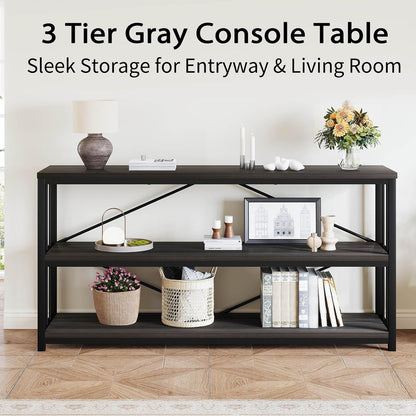 LVB 3-Tier Rustic Console Table, Extra Long Entryway Table with Storage, Industrial Skinny Wood Metal Sofa Table with Shelf, Modern Narrow Hallway Table for Foyer Living Room Bedroom, Dark Gray, 70 In