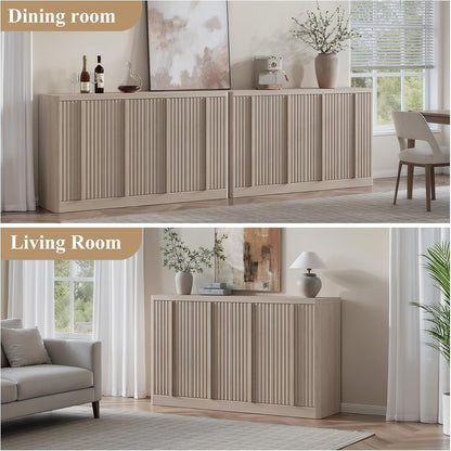 Fluted Buffet Cabinet with Storage, 60" Sideboard Buffet Accent Cabinet with 4 Door & Solid Wood Handle, Modern Buffet Table Credenza Console Cabinets for Living Room, Dining Room, Kitchen, Oak(1PCS)