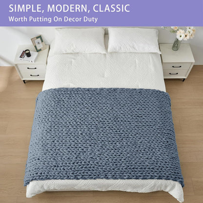 Bigacogo Chunky Knit Throw Blanket for Couch, 40x80 inches, 100% Hand Knitted with Thick Jumbo Chenille Yarn, Cozy Soft Large Rope Knot Cable Crochet Blankets for Sofa Bed Living Room, Cold Sea Blue