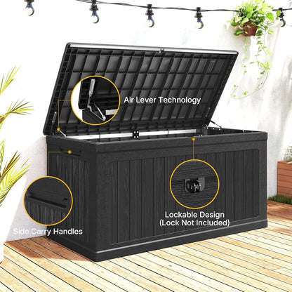 260 Gallon Deck Box Lockable, Outdoor Storage Box Waterproof and UV Resistant, Large Patio Storage Box with 1000 lbs Capacity, for Garden, Patio Furniture, Pool (Black)
