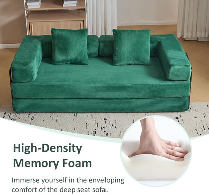 Convertible Sleeper Sofa Bed, Compression Folding Sofa with Pillow, No Assembly Required, Shape Frame, Floor Sofas Lounge Couch for Living Room, Bedroom, Small Spaces(Corduroy, 77''W, Dark Green)