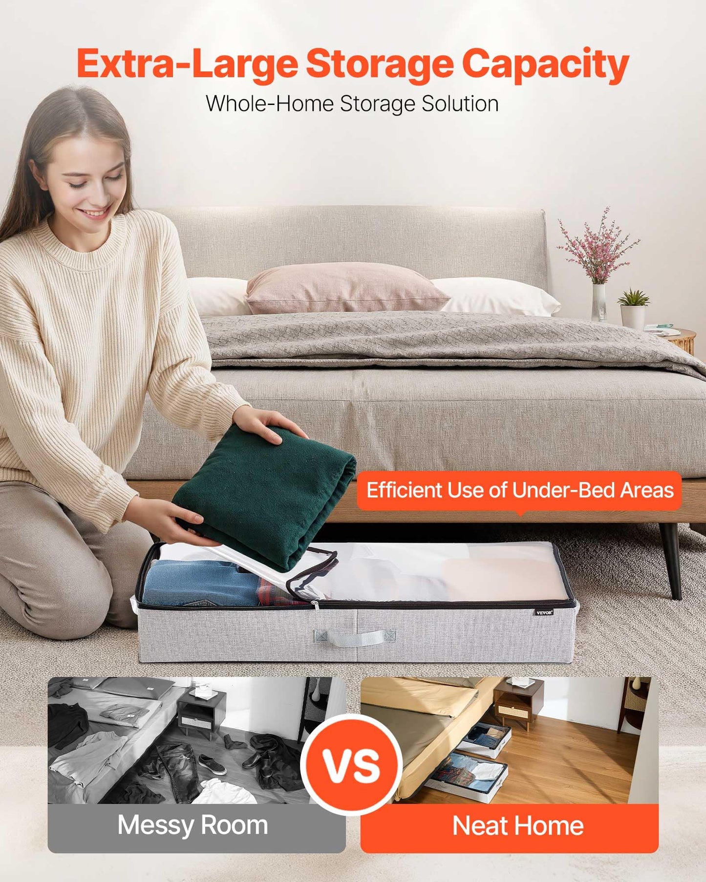 VEVOR Under Bed Storage with Clear Lids, 33.5 x 16.9 x 4.7 Inch, 45L Large Underbed Clothes Storage