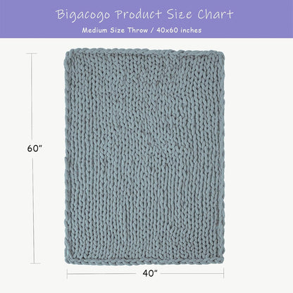 Bigacogo Chunky Knit Throw Blanket for Couch, 40x60 inches, 100% Hand Knitted with Thick Jumbo Chenille Yarn, Cozy Soft Large Rope Knot Cable Crochet Blankets for Sofa Bed Living Room, Dusty Blue