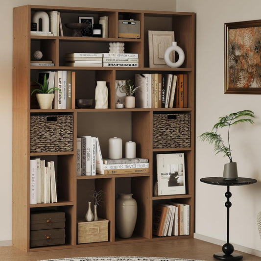 6-Tier Large Open Bookcase 71” Tall Sturdy Wooden Bookshelf with Baskets,Modern Style 16-Cube Home Display Shelf for Bedroom, Living Room（Oak Color）