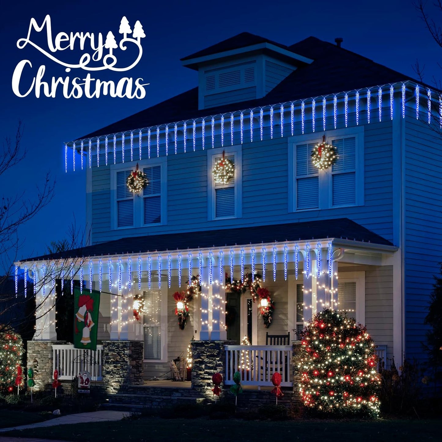 Christmas Icicle Lights Outdoor, 10Ft. Meteor Shower Lights with 10 Large Icecycles, Snowfall Shooting Star Light Effect, Falling Crystal Christmas Decorations for House Eave Roofline Patio, Blue