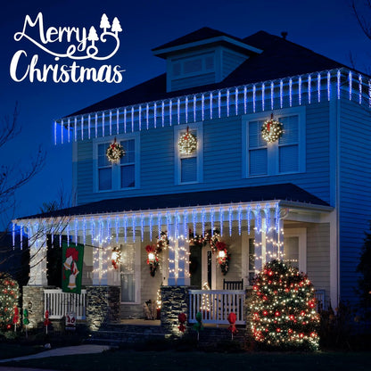 Christmas Icicle Lights Outdoor, 10Ft. Meteor Shower Lights with 10 Large Icecycles, Snowfall Shooting Star Light Effect, Falling Crystal Christmas Decorations for House Eave Roofline Patio, Blue