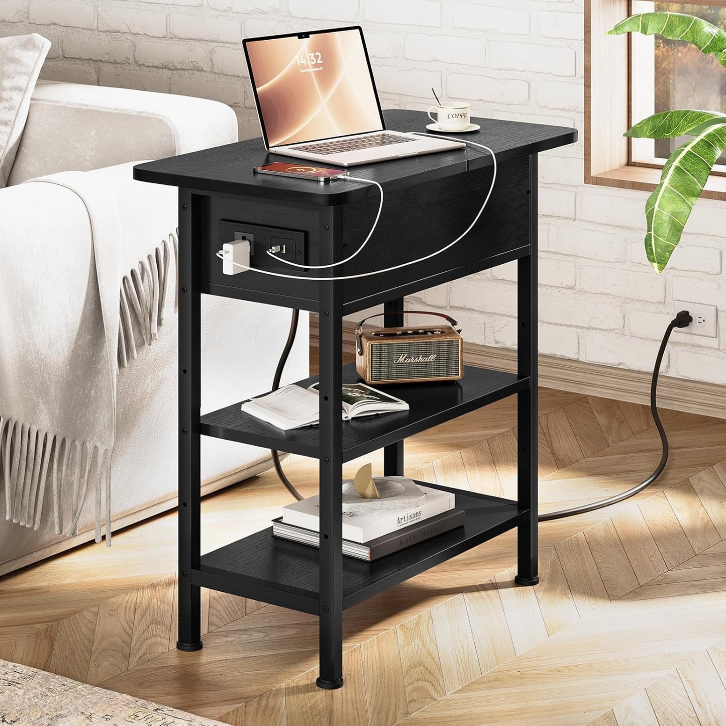 End Table with Charging Station, Flip Top Side Table with USB Ports and Outlets, 3-Tier Small Side Table with Storage for Small Space, End Tables for Living Room/Bedroom, Black
