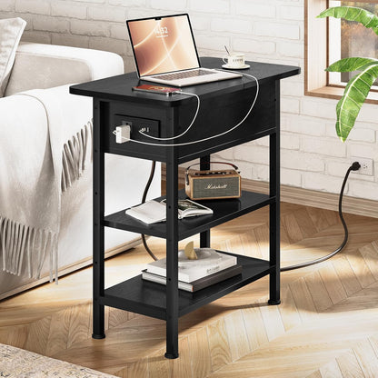 End Table with Charging Station, Flip Top Side Table with USB Ports and Outlets, 3-Tier Small Side Table with Storage for Small Space, End Tables for Living Room/Bedroom, Black