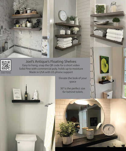 Joel's Antiques - 30 Inch Wooden Floating Shelves for Wall - 30x12x2 in - Made of Natural Wood - Long Heavy Duty Rustic Wall Shelves for Bedroom - Perfect for Living Room, Kitchen - Gray, Grey