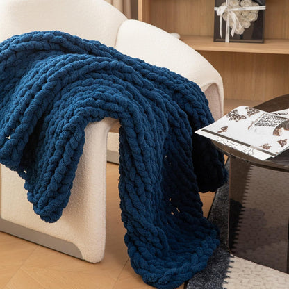 WESHIONGOO Chunky Knit Blanket Throw 40"*40" Knitted Throw Blankets for Couch Bed Fluffy Soft Blanket with Jumbo Chenille Yarn Thick 100% Handmade(Navy Blue)