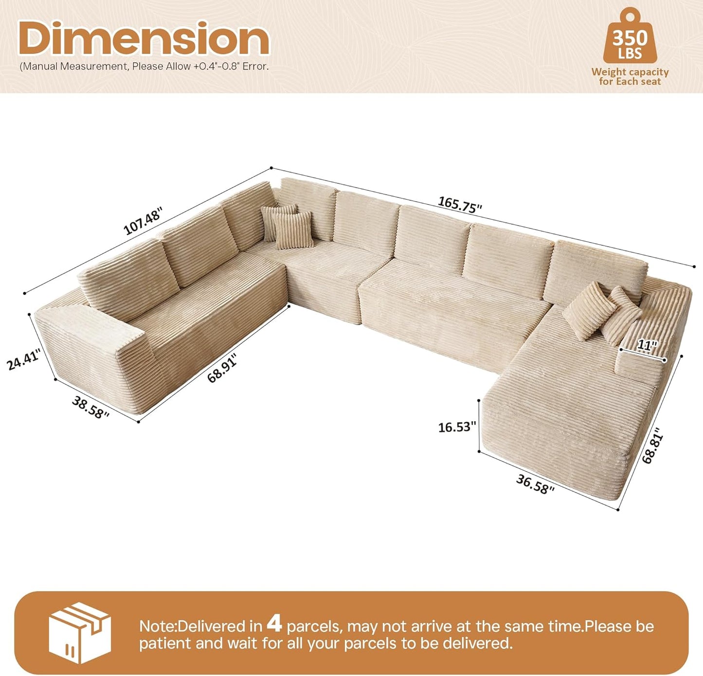 Cloud Sectional Couches for Living Room,U Shaped Modular Sofas No Assembly,165x107 Inches Plush Corduroy Oversized Floor Couch Set with Deep Seat Chaise,Beige