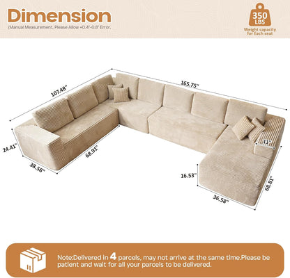 Cloud Sectional Couches for Living Room,U Shaped Modular Sofas No Assembly,165x107 Inches Plush Corduroy Oversized Floor Couch Set with Deep Seat Chaise,Beige