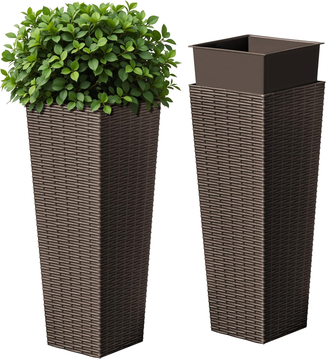 Devoko Resin Tall Planters for Outdoor Plants Set of 2, Large Taper Outdoor Planter Pots with 4 Drainage Holes, Flower Pots Modern Decor for Porch, Patio, Backyard, Home Garden (Brown, 24")
