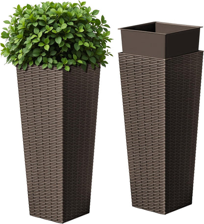 Devoko Resin Tall Planters for Outdoor Plants Set of 2, Large Taper Outdoor Planter Pots with 4 Drainage Holes, Flower Pots Modern Decor for Porch, Patio, Backyard, Home Garden (Brown, 24")