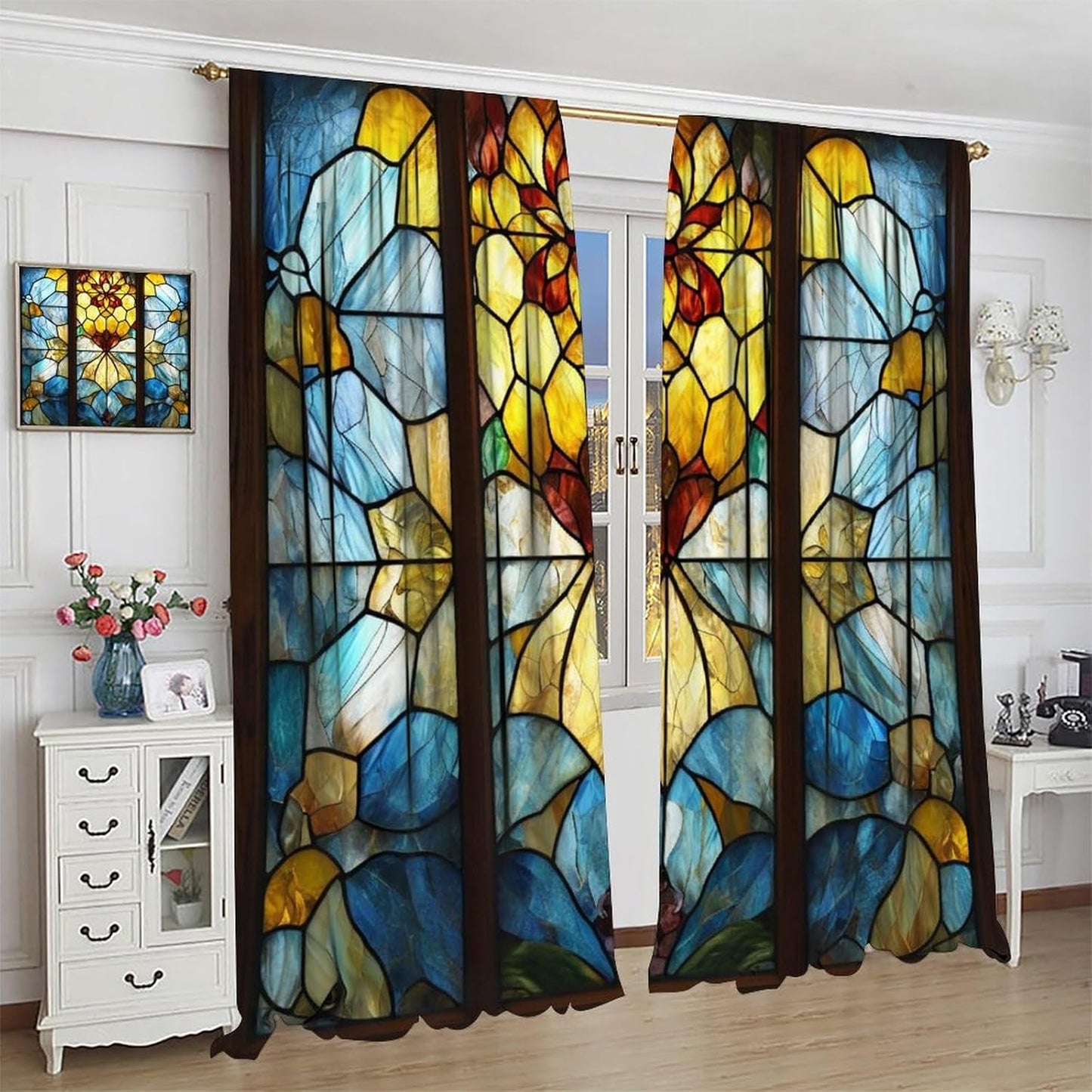 Stained Glass Curtains,Retro Abstract Colorful Art Home Decor Drapes for Bedroom Living Room Kitchen Window Treatment 2 Panels Set Total Size 55" W X 63" L Inch