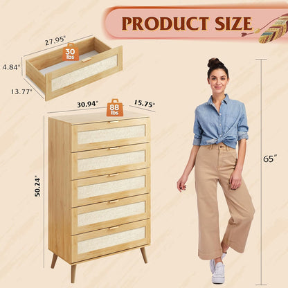 WLIVE Rattan Dresser for Bedroom, 5 Drawer Wood Boho Dresser Storage with Gold Metal Handle, Chest of Drawers for Living Room, Closet, Hallway, Light Oak