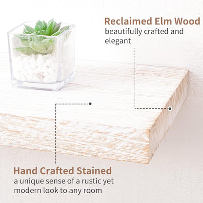 Axeman Floating Shelves for Wall, 8 Inch Deep Rustic Solid Elm Wood Wall Shelves for Storage, Wall Mounted Display Shelving with Invisible Heavy-Duty Metal Bracket, 36'' Width Set of 2, White Wash
