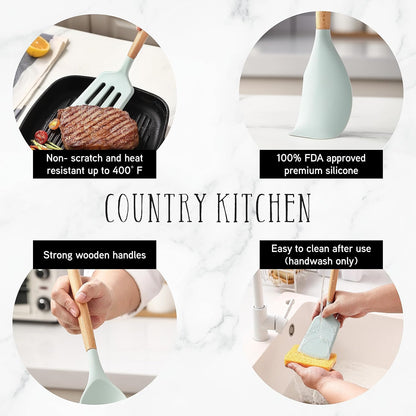 Country Kitchen Non Stick Silicone Utensil Set with Rounded Wood Handles for Cooking and Baking, 14 Piece Set, Mint