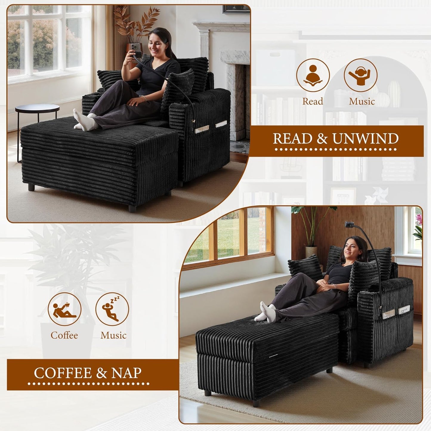 Accent Chair with Storage Ottoman Upholstered Living Room Chairs for Reading Chair with Chaise Lounge Chairs Indoor, Comfortable Armchair for Bedroom