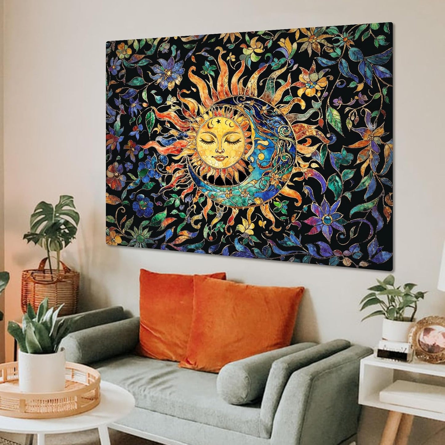 Aipon Sun and Moon Tapestry for Bedroom Boho Hippie Floral Wall Tapestry Aesthetic Vintage Stained Glass Plant Small Tapestries Wall Hanging for Living Room Dorm 48 x 36 Inch