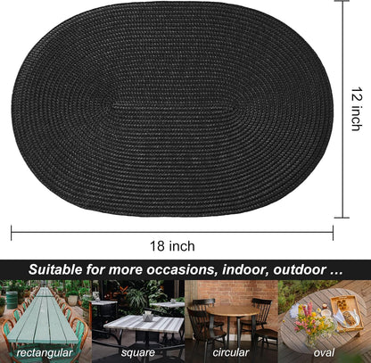 AHHFSMEI Placemats Set of 6 for Dining Table Washable Woven Vinyl Non-Slip 18x12 inches Placemat Heat-Resistant Durable Table Mats for Dining Table Easy to Clean (Oval Black, 6)