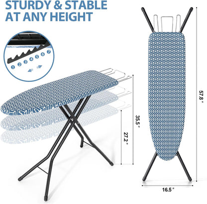 KINGBOARD Ironing Board, Foldable Iron Board with Iron Rest, Compact Ironing Board with Height Adjustable, Extra Thick Heat-Resistant Cover, Heavy-Duty Sturdy Metal Legs, 43x13 Blue