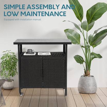 Outdoor Indoor Storage Cabinet with Rolling Wheels, Patio Serving Cart with Bar Table and Wicker Cabinet, Kitchen Island Prep Table, Black