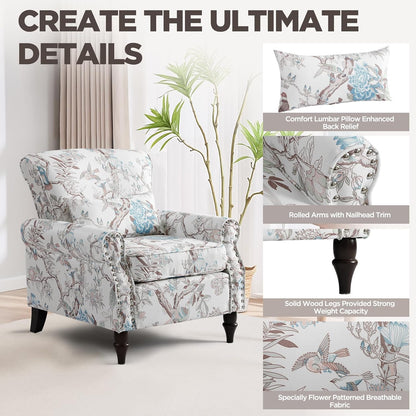 Wingback Accent Chair with Removable Pillow, High Back Floral Armchair with Solid Wood Legs & Nailhead Trim, Comfy Upholstered Reading Single Sofa Chair for Bedroom (2, Bird Floral Pattern)