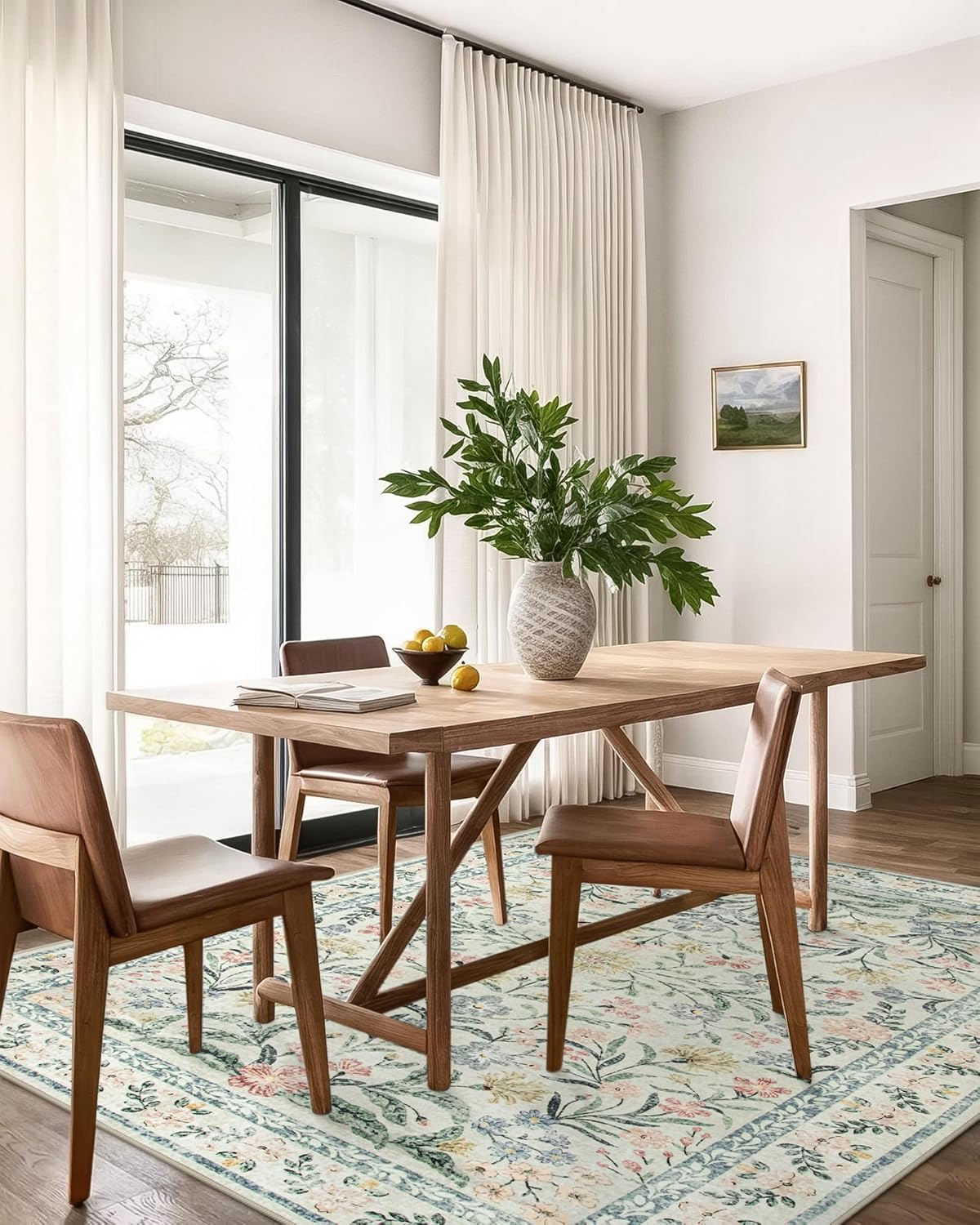 Wonnitar Washable Area Rugs 5x7, Soft Floral Bedroom Area Rug, Washable Carpet 5x7 Non Slip, Boho Flower Print Beige Carpets for Living Room Bedside Dining Room