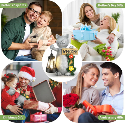 Json Garden Statue Solar Cat Figurine with Lantern, Solar Garden Decorations Statues for Patio, Balcony, Yard Ornament, Unique House Warming Gifts Figurine Lights, Gifts for Women, Mom