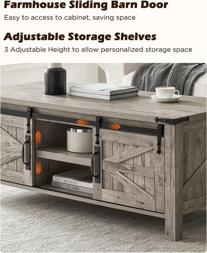 OKD 48" Farmhouse Lift Top Coffee Table with Sliding Barn Door, Rustic Center Table w/Hidden Storage Compartment, Lift Tabletop Dining Table w/Adjustable Shelf for Living Room,Light Rustic Oak