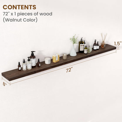 Floating Shelves for Wall Decor, 8 Inch Deep Rustic Solid Elm Wood Floating Shelves Wall Mounted, Wall Shelves with Invisible Bracket for Living Room Bathroom Bedroom Kitchen, 72 Inch Set of 1, Walnut