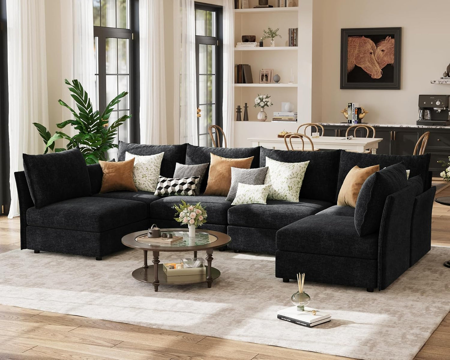 134.6" Oversized Modular Sectional Sofa, Large 6 Seater U Shaped Couch Deep Seat for Living Room, Apartment - Chenille Black