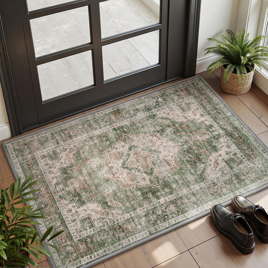 AMOAMI-2X3 Small Rug-Washable Rugs Entryway Mat Indoor-Soft Vintage Non Slip Rugs for Kitchen Laundry Room Bathroom Green Decorative Accent Rug for in Front of Sink 24 Inch x36 Inch
