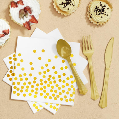 White and Gold Party Supplies, 350PCS Disposable Dinnerware Set w/White Paper Plates Napkin Cups Plastic Forks Knives Spoon for Women Men Birthday Christmas Retirement New Year Eve 2025 Decorations