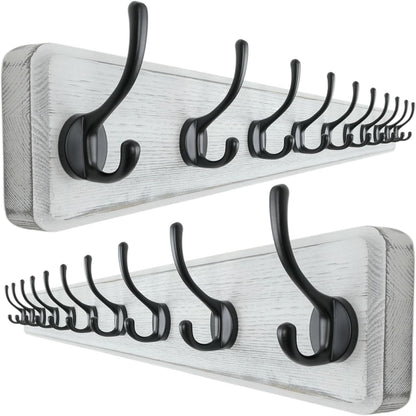 Dseap Wall Mounted Coat Rack: 38-1/4" Long, Patented, Heavy-Duty, 10-Double-Hooks Wooden Hanger Rail for Winter Coats, Hat, Jacket, Clothing - White & Black, Pack of 2