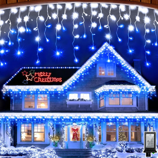 1620 LED Christma Lights with 360 Drops, 164ft Outdoor Hanging lights with 8 Modes & Timer Memory, Outsite Waterproof Curtain String Lights for Front House Fence Tree Holiday Decorations Blue & White