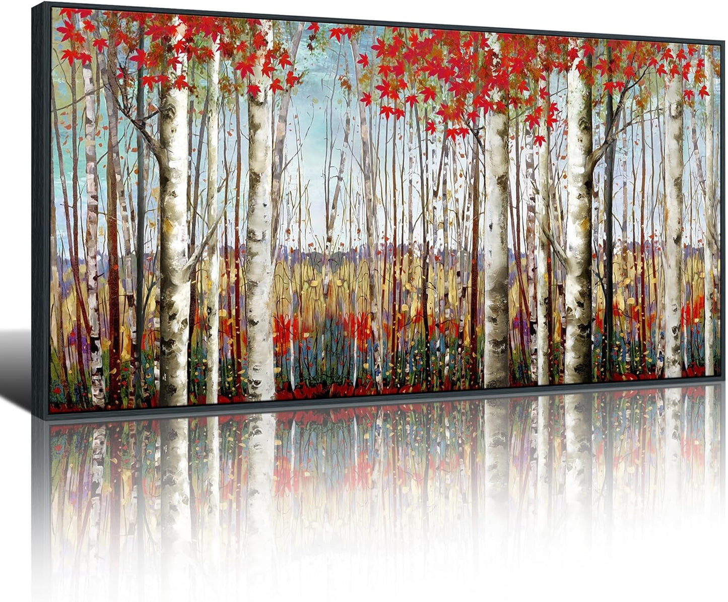 Mofutinpo Large Framed Wall Decor canvas Red Leaves White Birch Tree Wall Art For Living Room bedroom rustic kitchen Modern painting Artwork 29x58 Large Size Black Framed