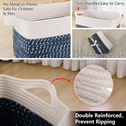 OIAHOMY Storage Basket, Woven Baskets for Storage, Cotton Rope Basket for toys,Towel Baskets for Bathroom - Pack of 3,White Blue