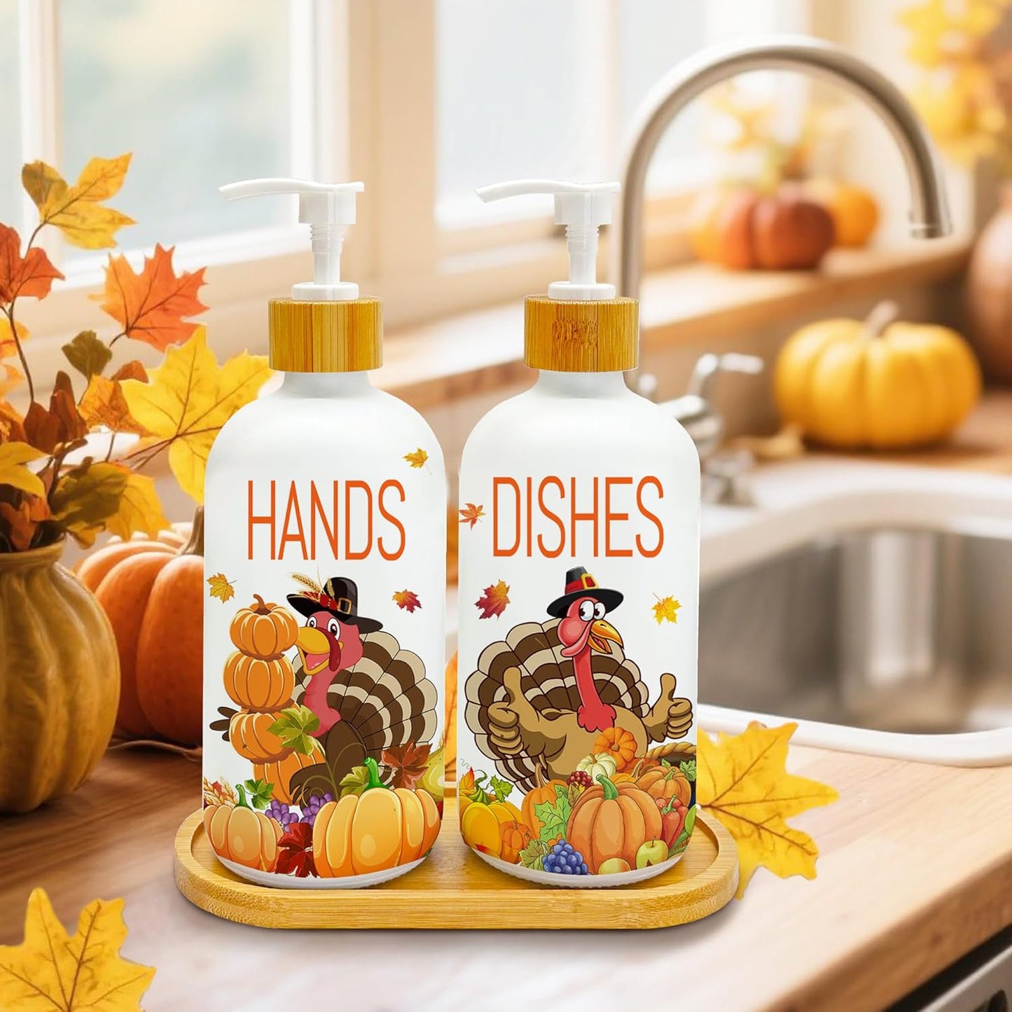 Hexagram Thanksgiving Decorations Indoor, Thanksgiving Kitchen Soap Dispenser Set of 2, Turkey Glass Soap Dispenser for Home Decor, Turkey Refillable Lotion Essential Oil Dispensers with Pump