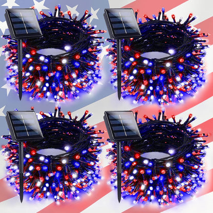 4th of July Decorations Outdoor, 4pk Red White and Blue Solar String Lights, 400LED 132FT LED Patriotic Light Waterproof, Solar Fairy Twinkle Light for Independence Day Yard Garden Tree Decorations