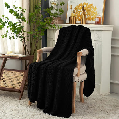 Longhui bedding Chunky Cable Knit Throw Blanket Lightweight Black 100% Organic Cotton Blanket for Sofa Couch Bed Baby Nursery, Rustic Shabby Chic Modern Farmhouse, 60” x 80” Give Laundering Bag