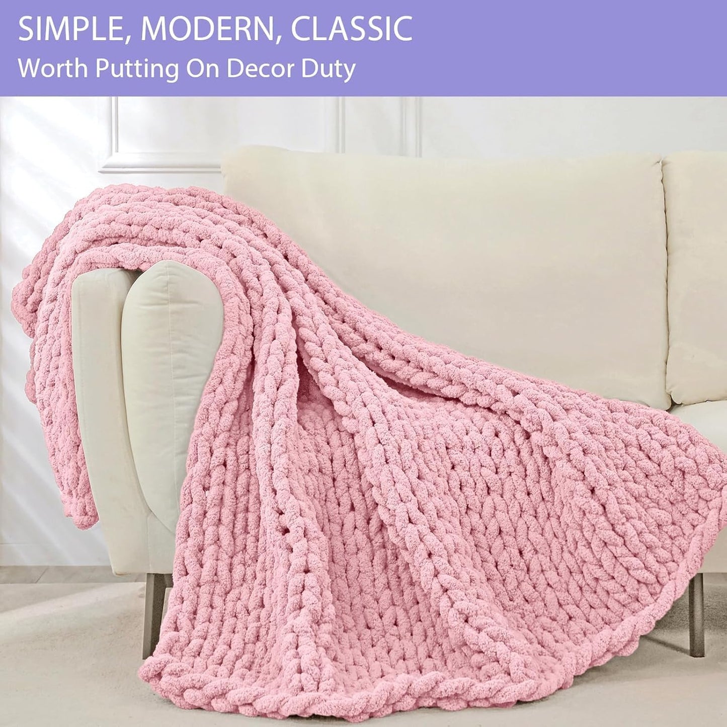 Bigacogo Chunky Knit Throw Blanket for Couch, 51x63 inches, 100% Hand Knitted with Thick Jumbo Chenille Yarn, Cozy Soft Large Rope Knot Cable Crochet Blankets for Sofa Bed Living Room, Blush Pink