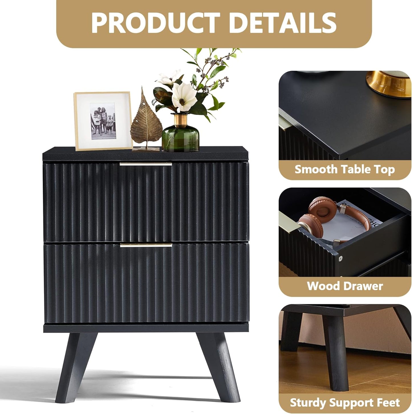 Fluted Nightstand, Mid Century Modern 2 Drawer Bedside Table for Bedroom, Small Dresser Night Stand Side Table End Tables with Wood Drawer Storage for Bedroom Closet(Black)