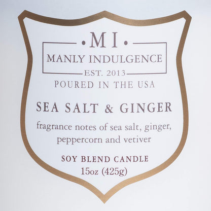 Manly Indulgence Sea Salt & Ginger Scented Candles for Men, 15 oz Wooden Wick, Premium Soy Blend Wax, 60H Burn, Candles for Home Scented - Made in The USA