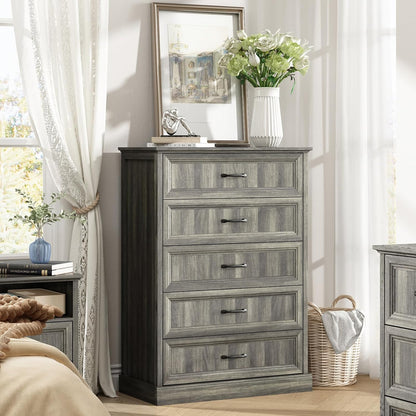 Farmhouse 5 Drawers Dresser for Bedroom, 44" Tall Grey dresser Wood Rustic Chest of Drawers with Wide Metal Handle,Natural Texture,Drawer Organizer for Bedroom,Living Room,Hallway and Entryway