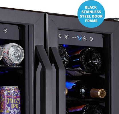 NewAir 24" Dual Zone Wine and Beverage Refrigerator, 18 Bottle & 58 Can, French Door Built-In Fridge with Lock, Black Stainless Steel Cooler, Digital Thermostat, Adjustable Shelves