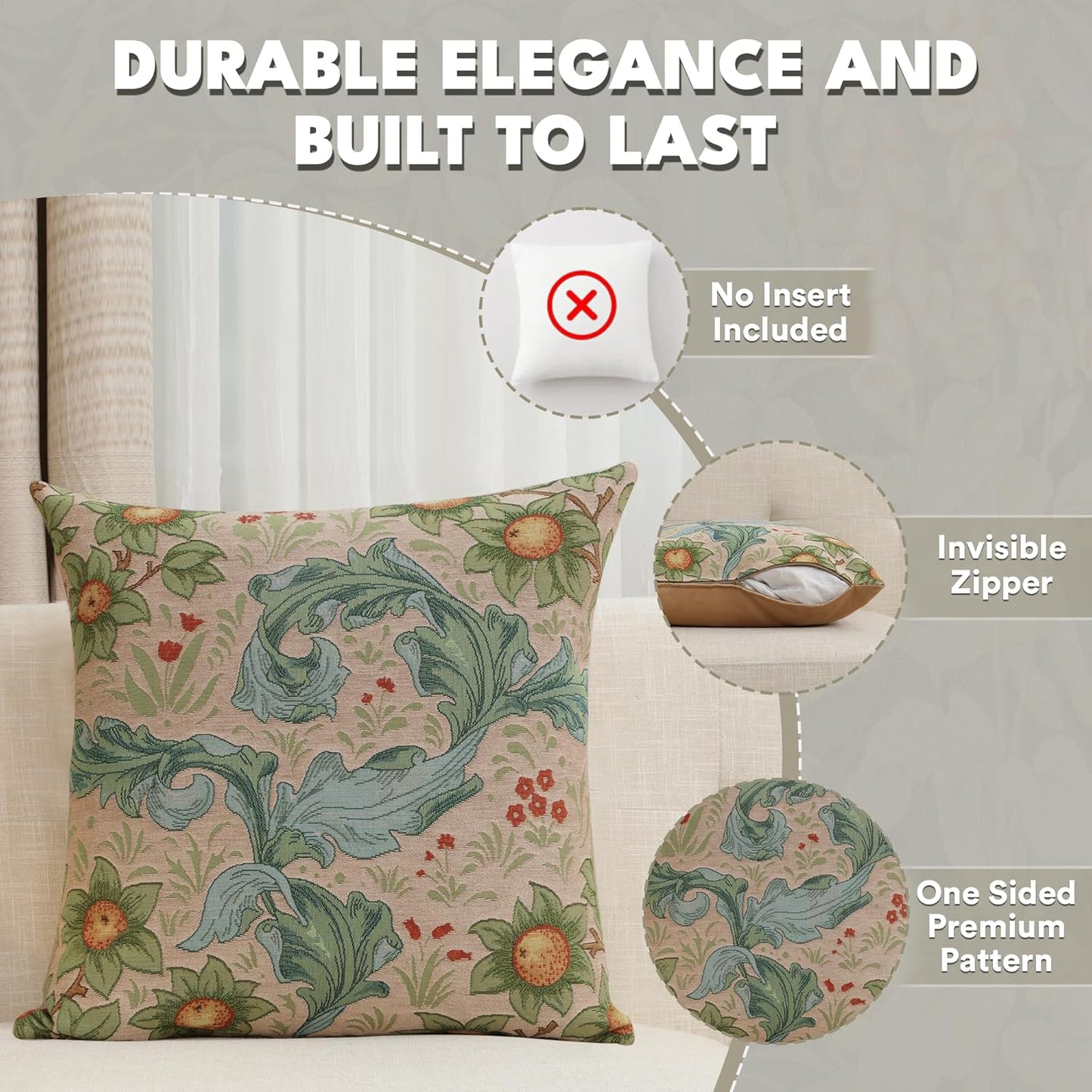 Charlotte Home Furnishings Decorative Tapestry Pillow Cover 19x19 in, Beige Arabesques Couch Pillow Cover, French Country Square Cushion Cases for Living Room Home Decor, Soft Cotton Jacquard Woven