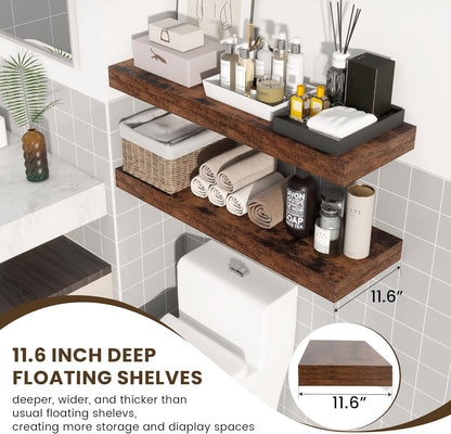 Deep Floating Shelves, 12 Inch Deep Rustic Floating Shelves for Wall Set of 2, 36W x 12D Large Wood Shelves for Living Room Bathroom Laundry Room Bedroom Kitchen Home Office - Rustic Brown