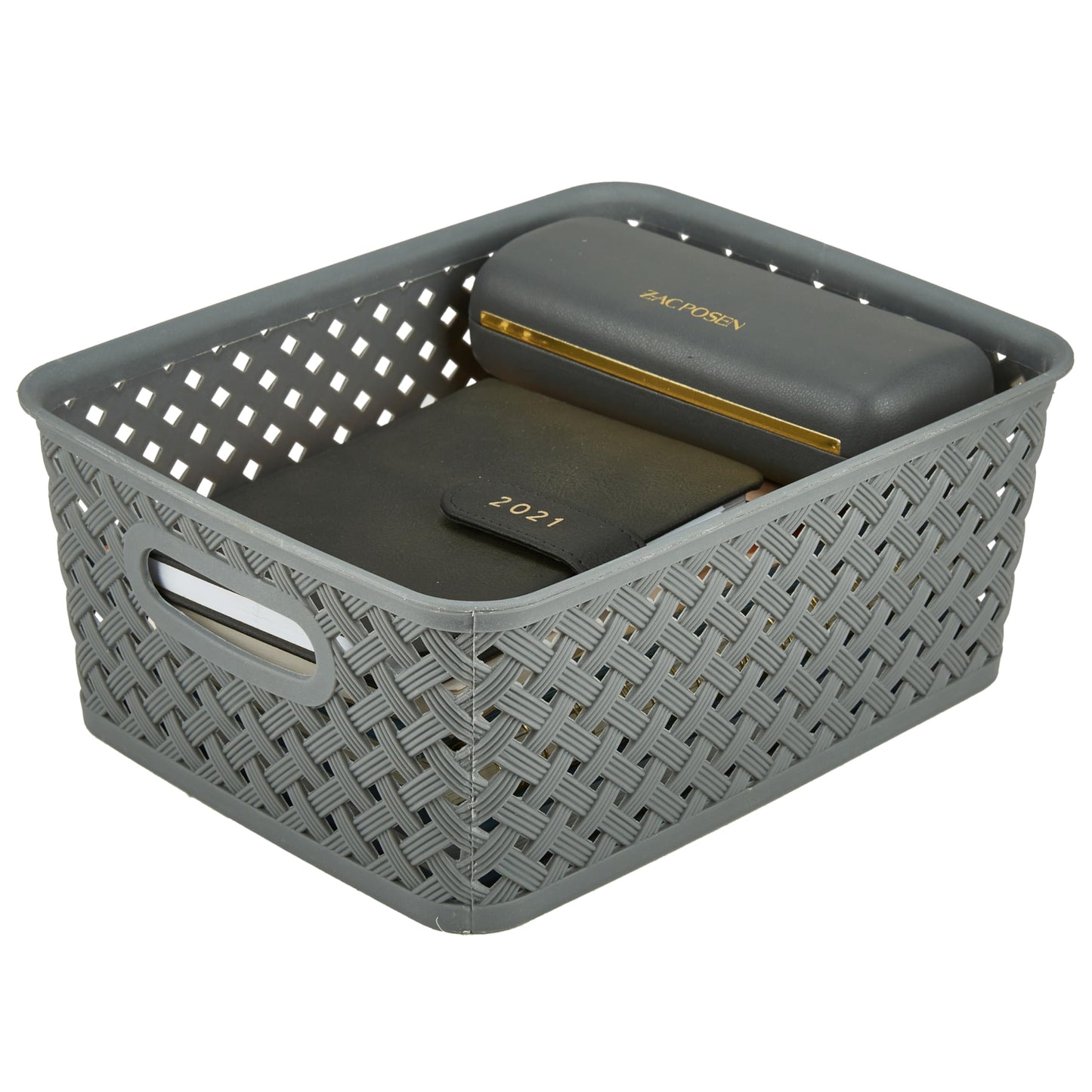 Simplify Small Resin Wicker Tote | Storage Bin | Plastic Organizer | Carrying Handles | Bathroom |